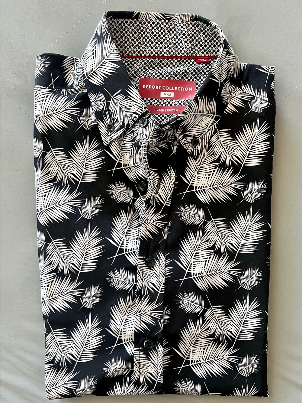 Report Collection Black and White Palm-Print Short Sleeve Button-Up Shirt